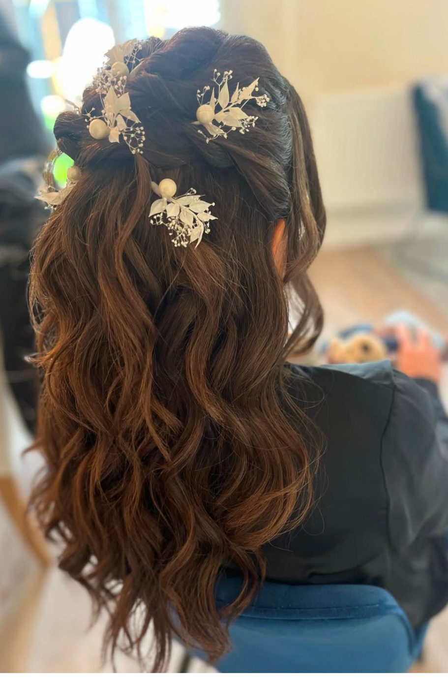 Half up Half down with flowers in hair. Droitwich wedding hair & Makeup artist